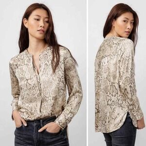 Rails Blouse Womens XL Pearl Desert Snake Mocha Brown Satin Half Button Placket